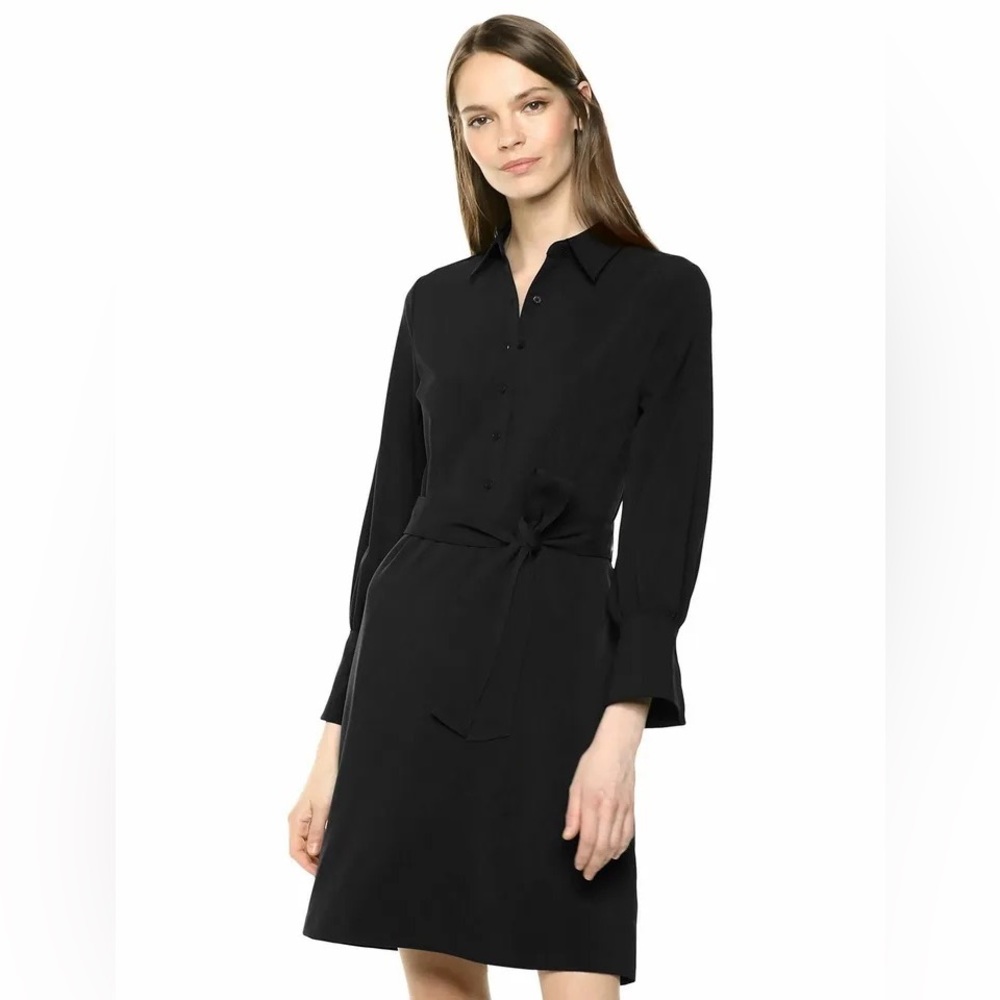 Lark & Ro Women's Long Sleeve Tie Waist Stretch Woven Shirt Dress Black, Size 4